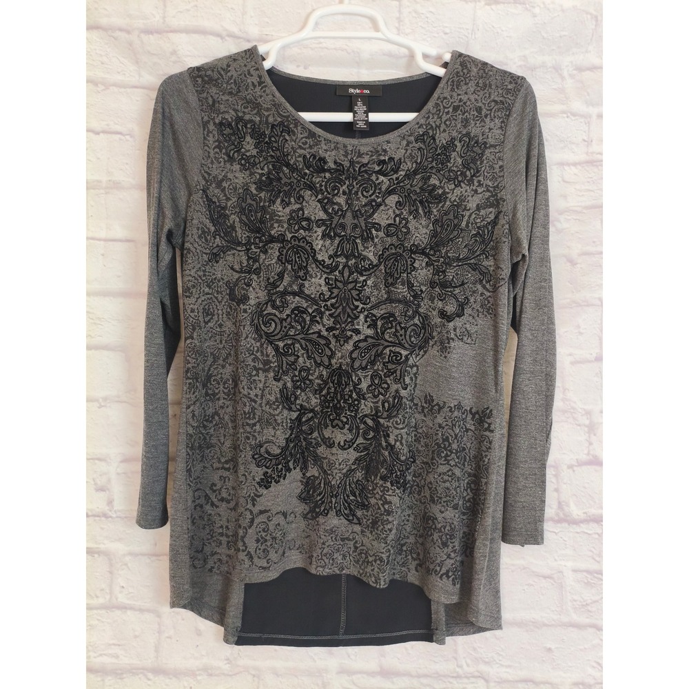 Style & Co Grey Black Flocked Damask Velvet Burnout Top‎ Large L Mixed Media